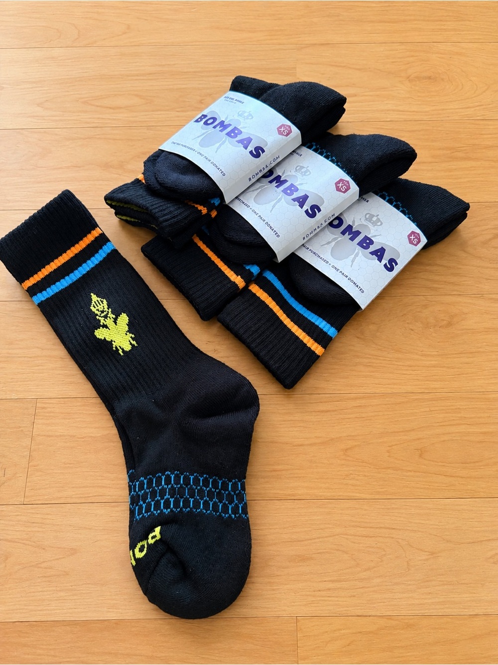 Bombas Black Crew Athletic Socks with Blue & Orange Stripes (3-Pack)